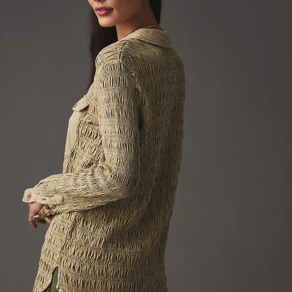 Anthropologie Pilcro Smocked Pleated Buttondown Shacket Shirt in Beige - Picture 2 of 6